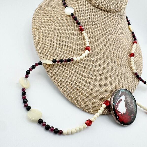 Vintage Handmade Enamel Sterling Silver Artisan Mother of Pearl Bead Necklace - Picture 5 of 14